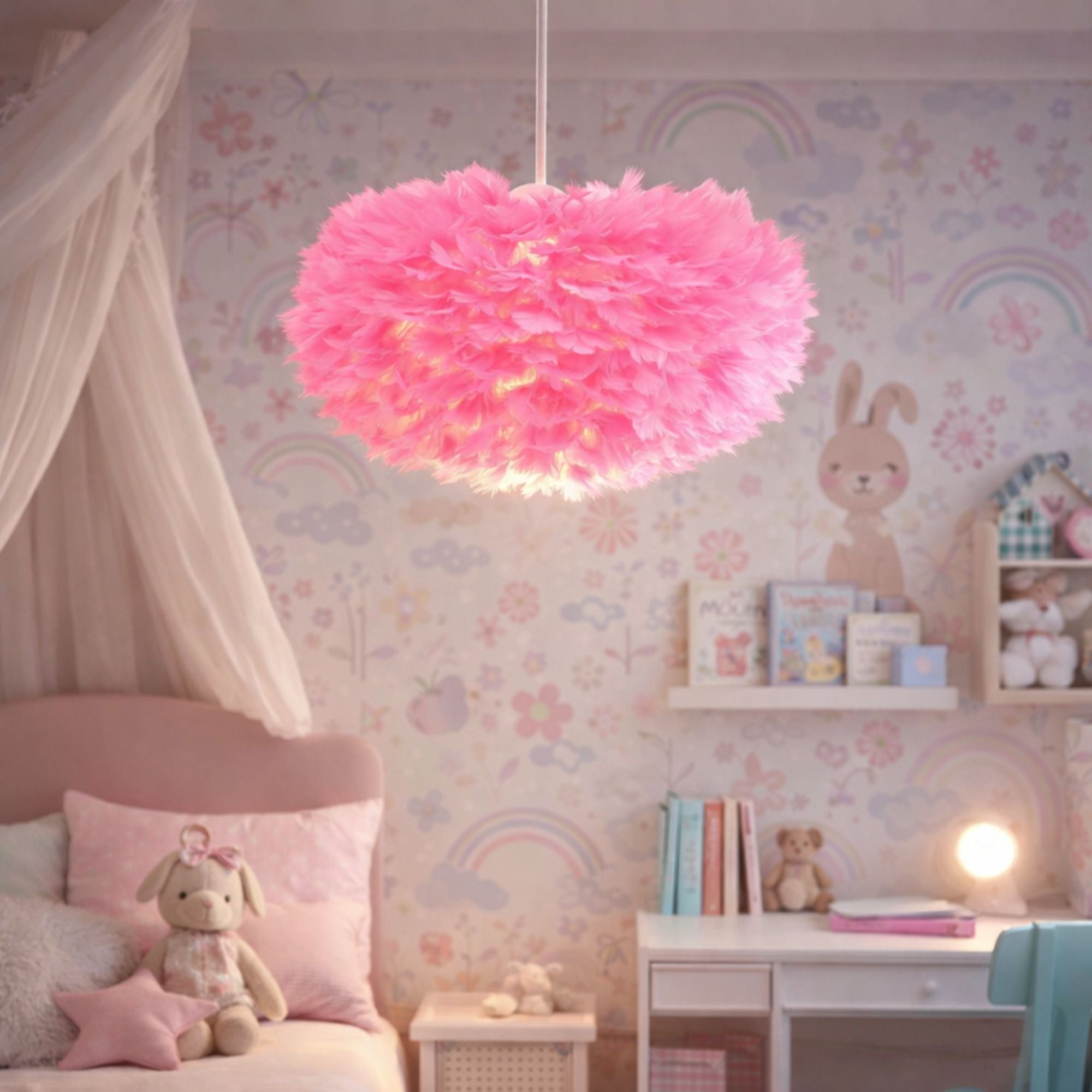 Taklampa rosa fjäderlampa modern pendellampa i barnrum med mjuka fjädrar och varm belysning.