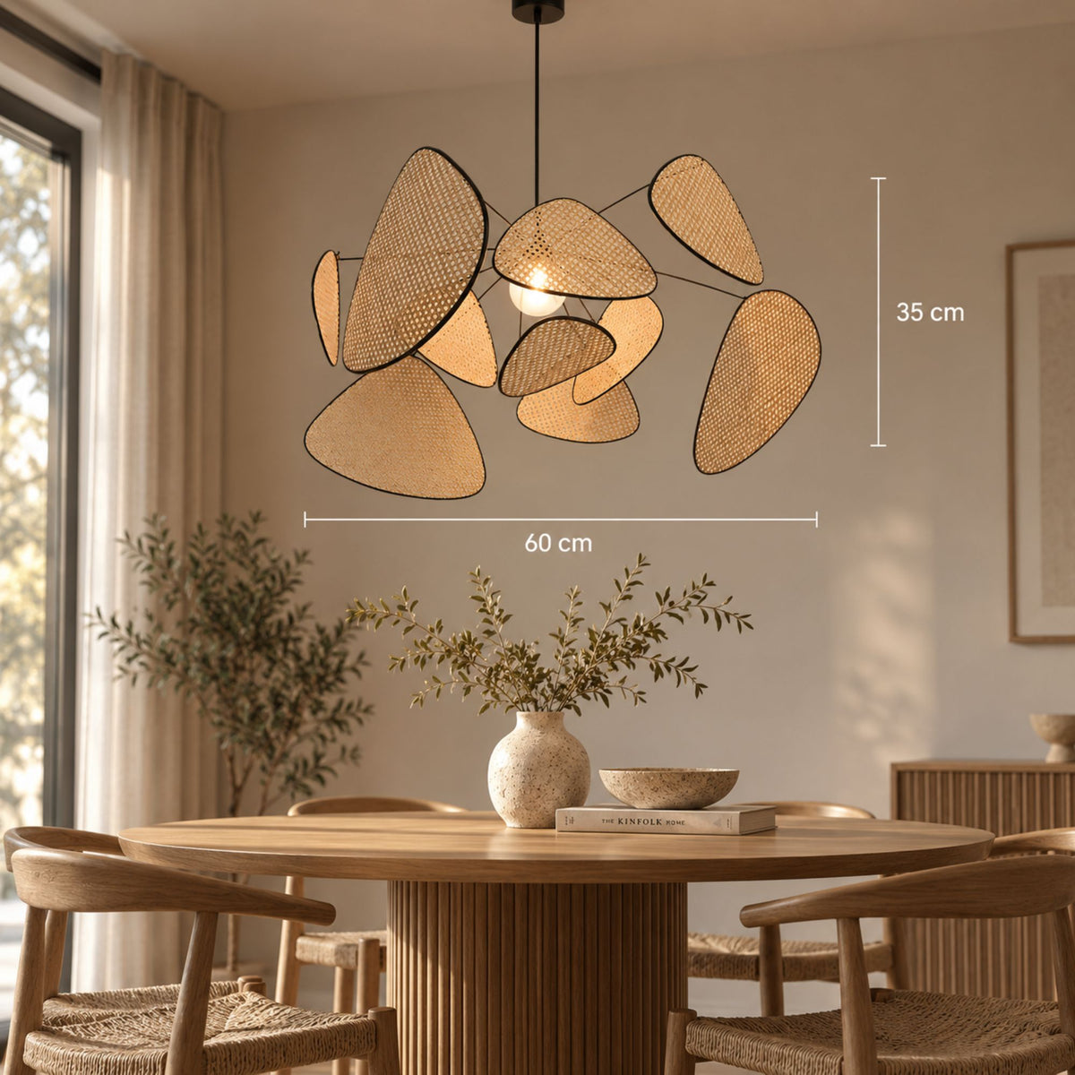 ALMA taklampa i rotting med skulptural design och svart järnstomme med mått