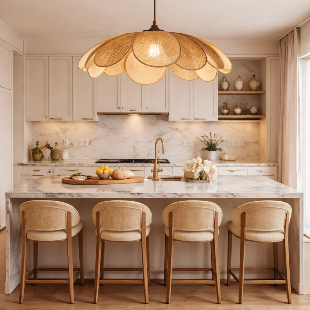 Taklampa i rotting över köksö i lyxigt kök med varm belysning som skapar en elegant och inbjudande atmosfär i skandinavisk design