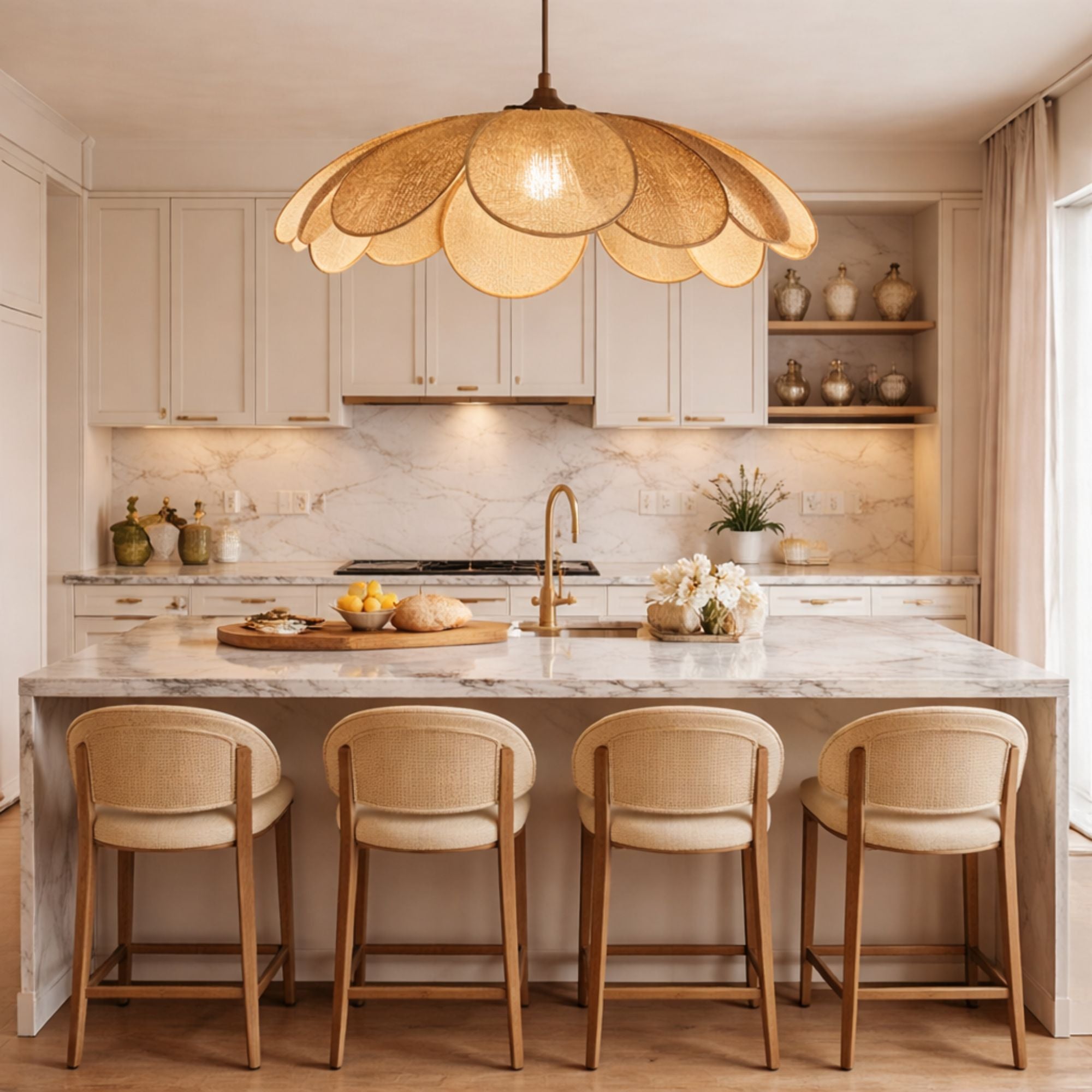 Taklampa i rotting över köksö i lyxigt kök med varm belysning som skapar en elegant och inbjudande atmosfär i skandinavisk design