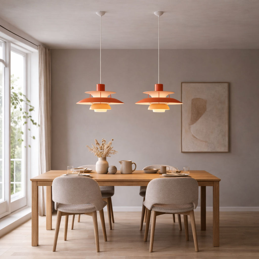Taklampa pendellampa i orange metall med skandinavisk design över matbord i nordisk inredning.