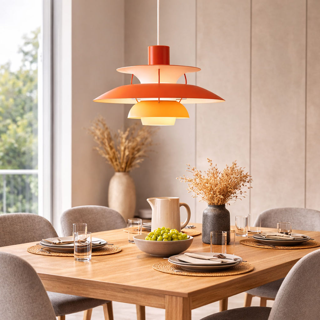 Taklampa pendellampa i orange metall med skandinavisk design över matbord i nordisk inredning.