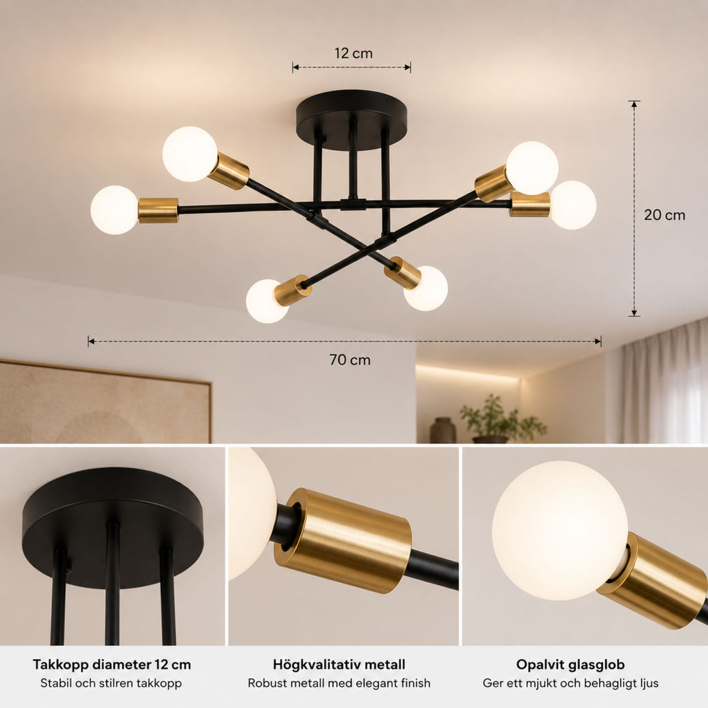Taklampa med måttbild som visar modern svart plafond med 6 globlampor, guldfärgade detaljer, 70 cm diameter, 20 cm höjd och takkopp på 12 cm för enkel planering och installation.