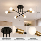 Taklampa med måttbild som visar modern svart plafond med 6 globlampor, guldfärgade detaljer, 70 cm diameter, 20 cm höjd och takkopp på 12 cm för enkel planering och installation.
