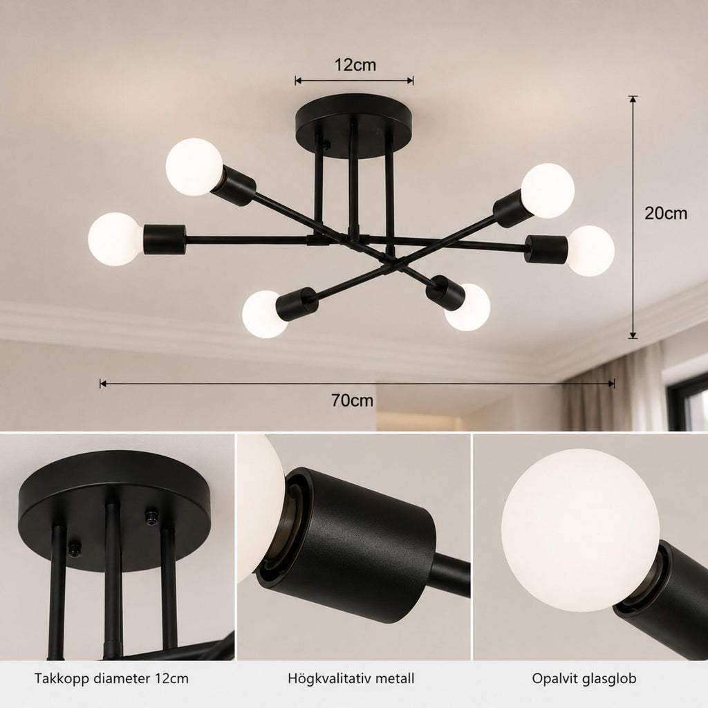 Taklampa med måttbild som visar modern svart plafond med 6 globlampor, 70 cm diameter, 20 cm höjd och takkopp på 12 cm för enkel planering och installation.