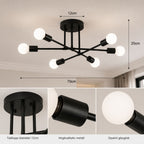 Taklampa med måttbild som visar modern svart plafond med 6 globlampor, 70 cm diameter, 20 cm höjd och takkopp på 12 cm för enkel planering och installation.
