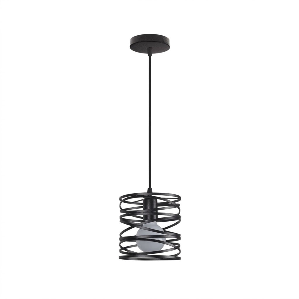 Taklampa svart industriell pendellampa i metall med spiralformad lampskärm för kök och matbord.