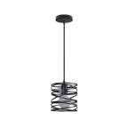 Taklampa svart industriell pendellampa i metall med spiralformad lampskärm för kök och matbord.