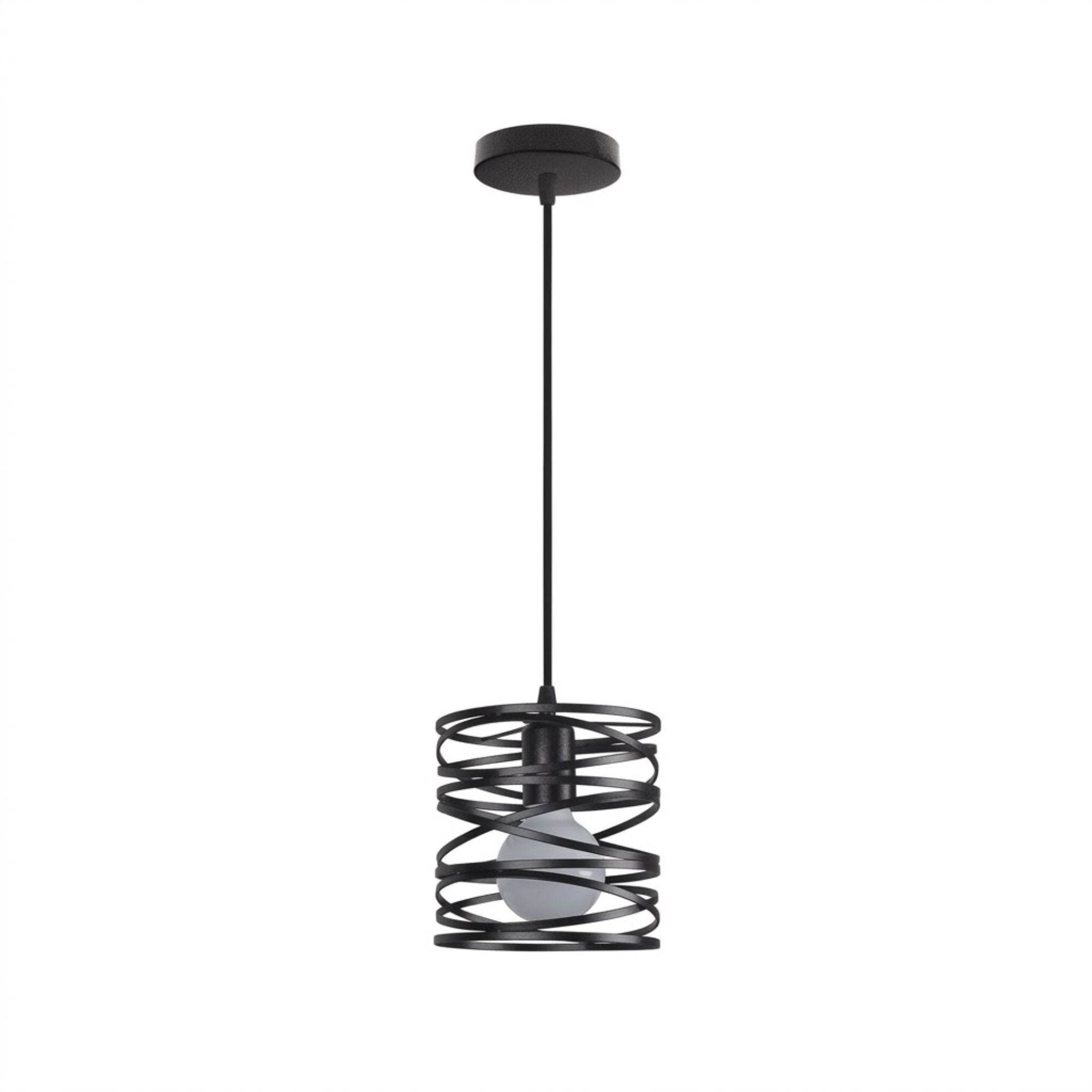 Taklampa svart industriell pendellampa i metall med spiralformad lampskärm för kök och matbord.