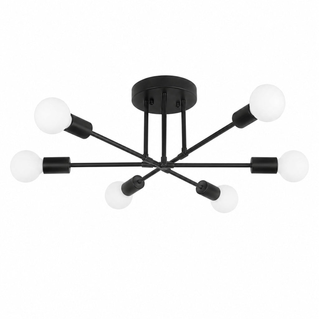 Taklampa i modern svart plafonddesign med 6 vita globlampor i glas och stilren metallkonstruktion på vit bakgrund för elegant och minimalistisk belysning.