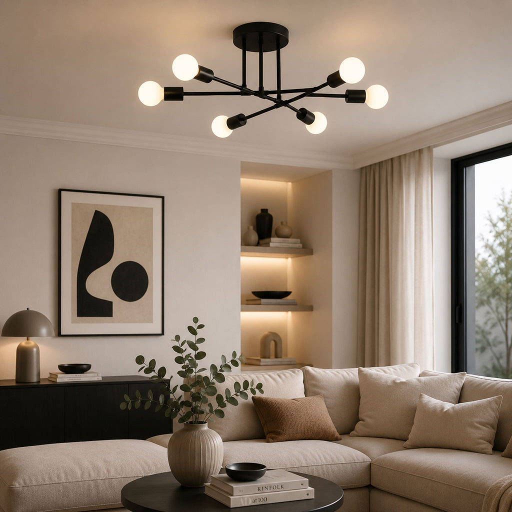 Taklampa i modern svart plafonddesign med 6 globlampor som skapar varm och exklusiv belysning i ett stilrent vardagsrum med elegant och modern heminredning.
