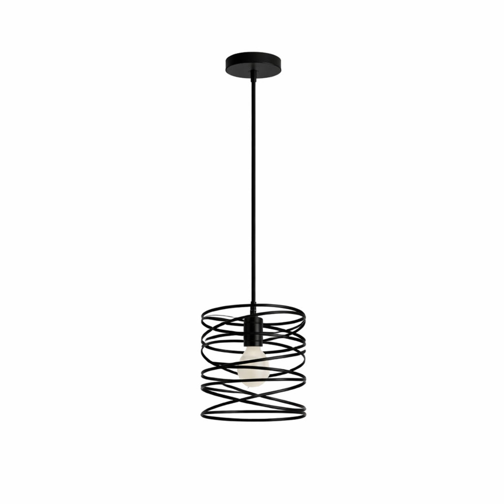 Taklampa svart industriell pendellampa i metall med spiralformad lampskärm för kök och matbord.