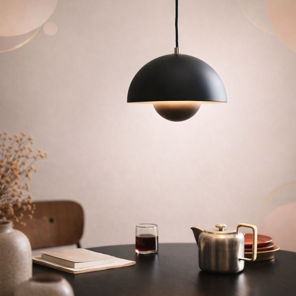 Taklampa svart rund pendellampa i retro skandinavisk design över bord.