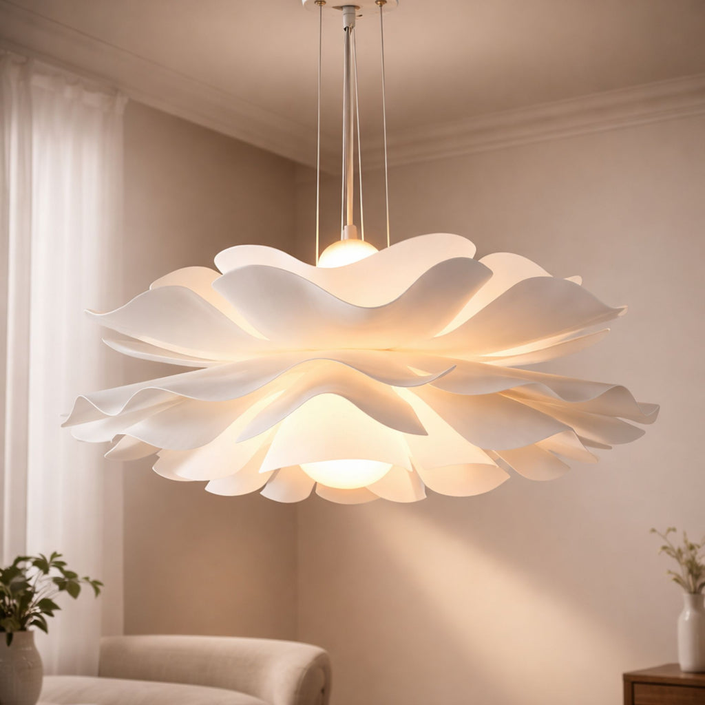 Taklampa vit modern design pendellampa i vardagsrum med mjuk och varm belysning.