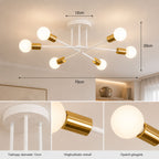 Taklampa med måttbild som visar modern vit plafond med 6 globlampor, guldfärgade detaljer, 70 cm diameter, 20 cm höjd och takkopp på 12 cm för enkel planering och installation.