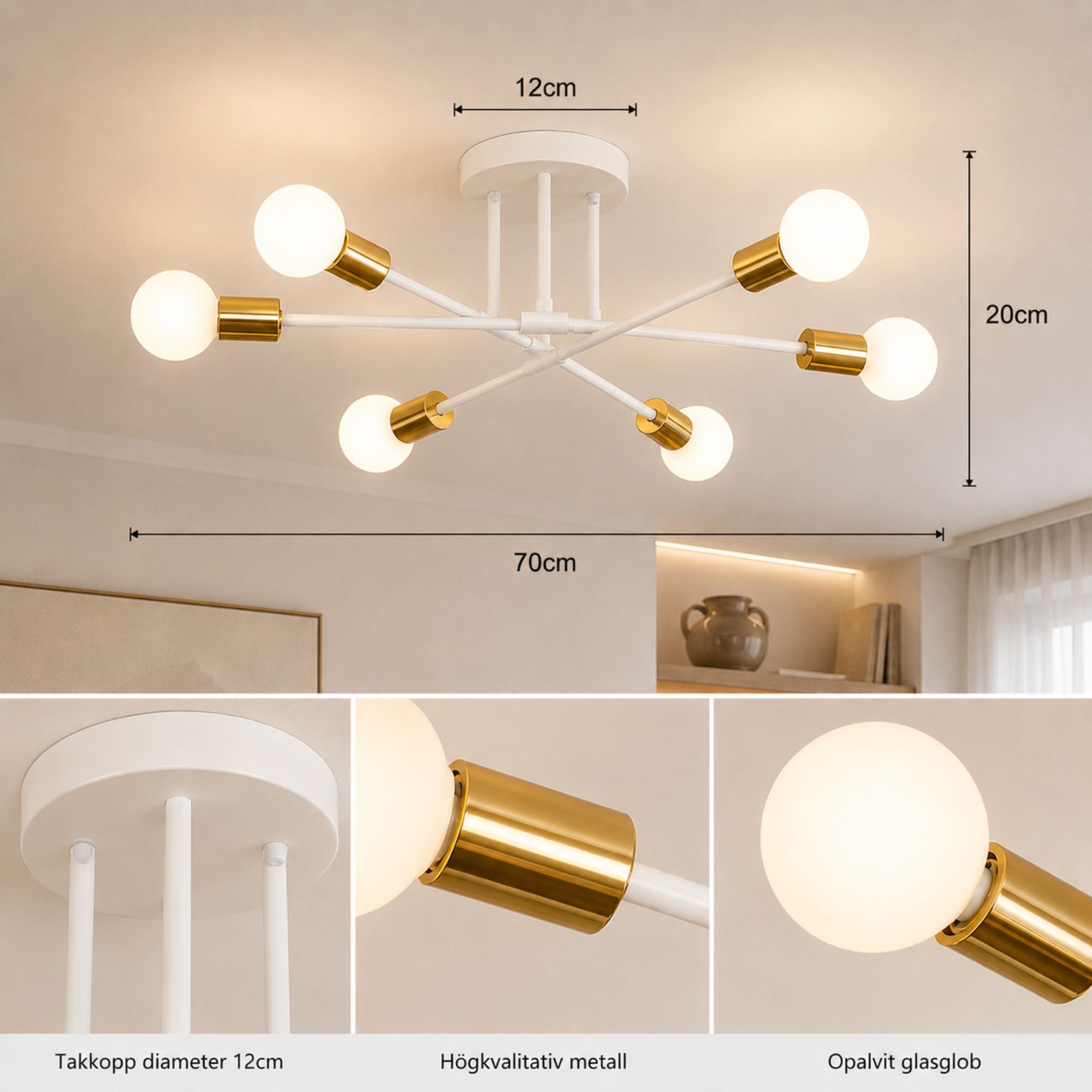 Taklampa med måttbild som visar modern vit plafond med 6 globlampor, guldfärgade detaljer, 70 cm diameter, 20 cm höjd och takkopp på 12 cm för enkel planering och installation.