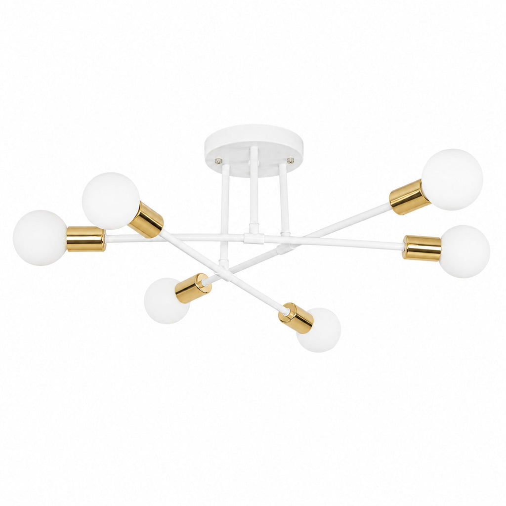 Taklampa i modern vit plafonddesign med 6 vita globlampor och eleganta guldfärgade detaljer i metall på vit bakgrund för stilren och exklusiv belysning.