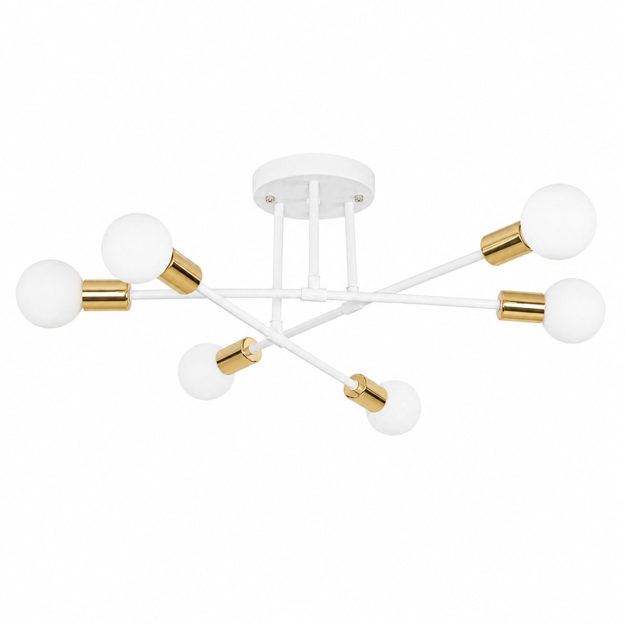 Taklampa i modern vit plafonddesign med 6 vita globlampor och eleganta guldfärgade detaljer i metall på vit bakgrund för stilren och exklusiv belysning.