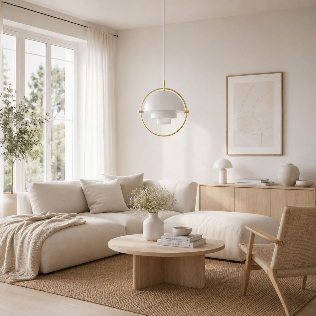 Modern vit färgad taklampa i ljust skandinaviskt vardagsrum med stilren inredning.