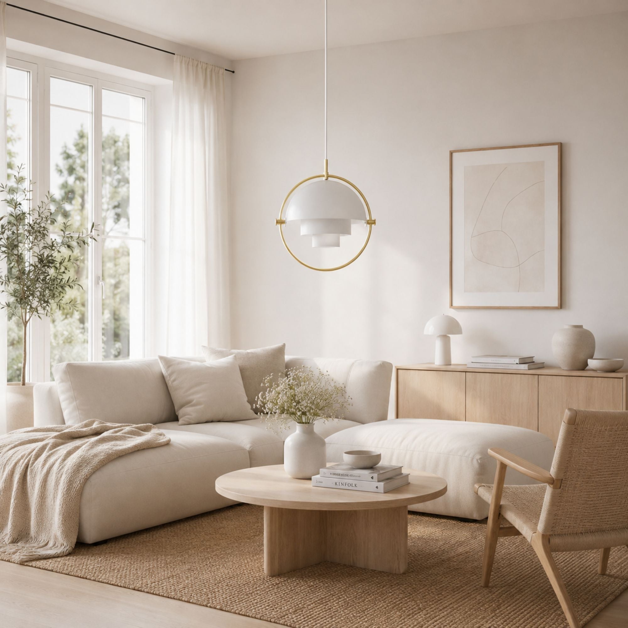 Modern vit färgad taklampa i ljust skandinaviskt vardagsrum med stilren inredning.