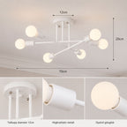 Taklampa med måttbild som visar modern vit plafond med 6 globlampor, 70 cm diameter, 20 cm höjd och takkopp på 12 cm för enkel planering och installation.