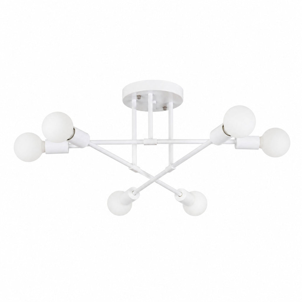 Taklampa i modern vit plafonddesign med 6 matta globlampor i glas och minimalistisk metallkonstruktion på vit bakgrund för stilren och elegant belysning.