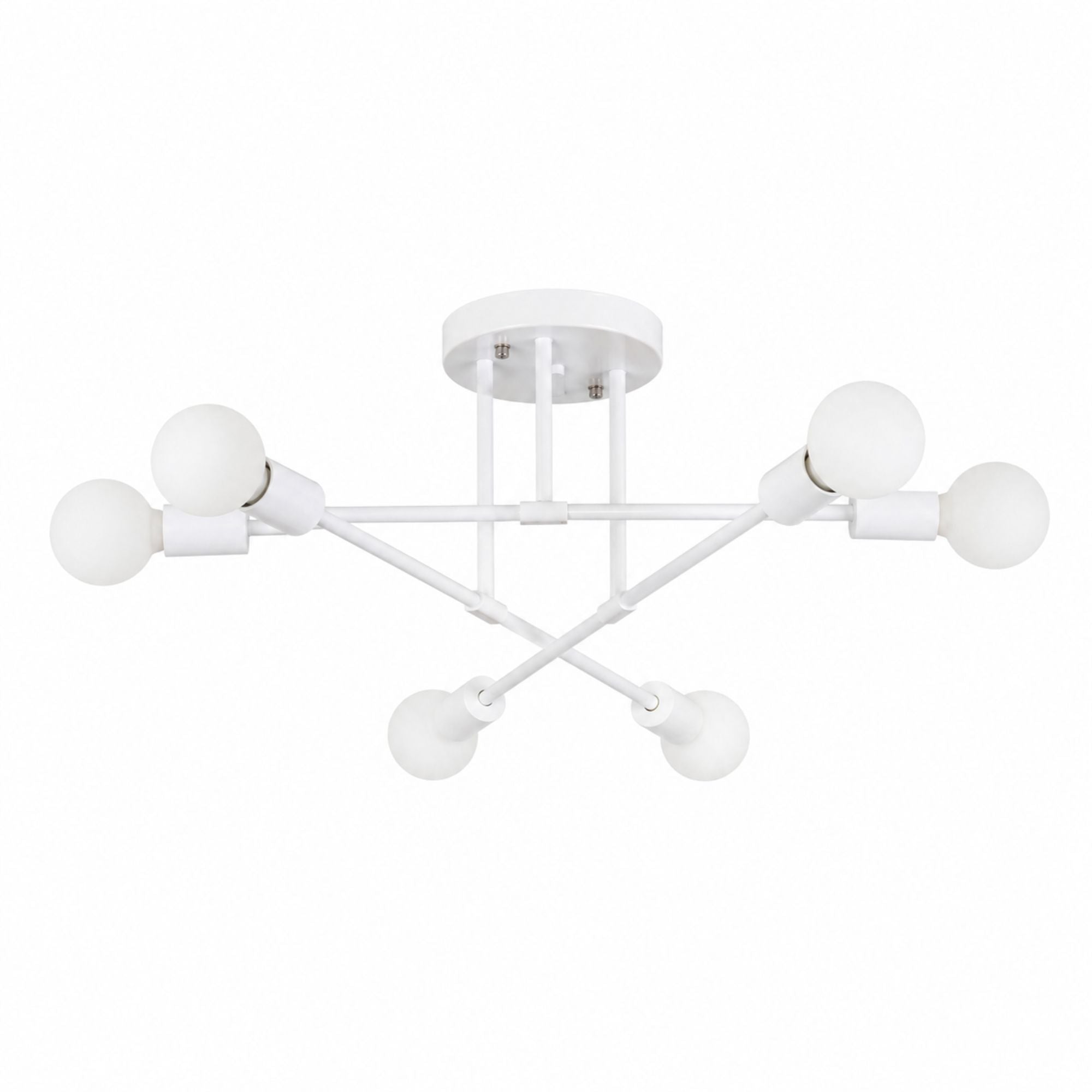 Taklampa i modern vit plafonddesign med 6 matta globlampor i glas och minimalistisk metallkonstruktion på vit bakgrund för stilren och elegant belysning.