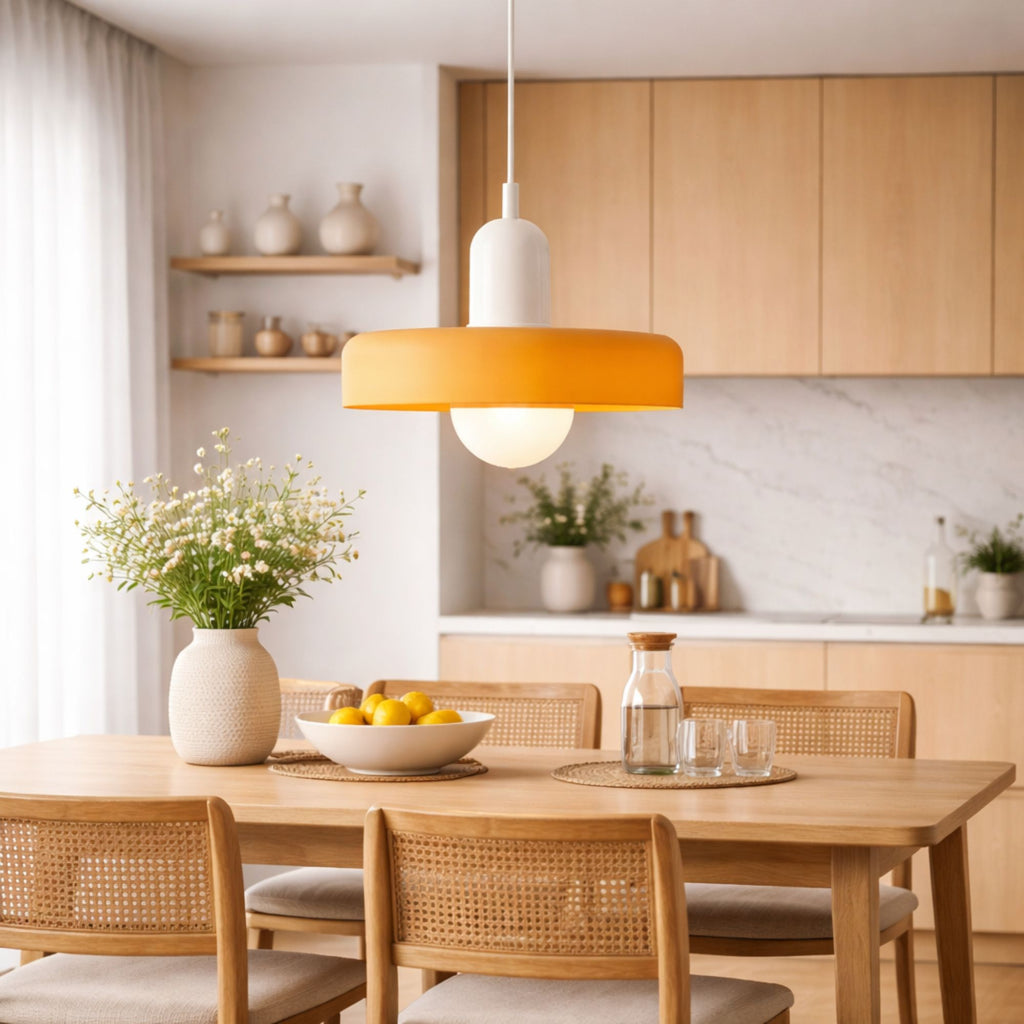 taklampa i vit och orange design hängande över matbord i stilrent skandinaviskt kök med varm och modern känsla
