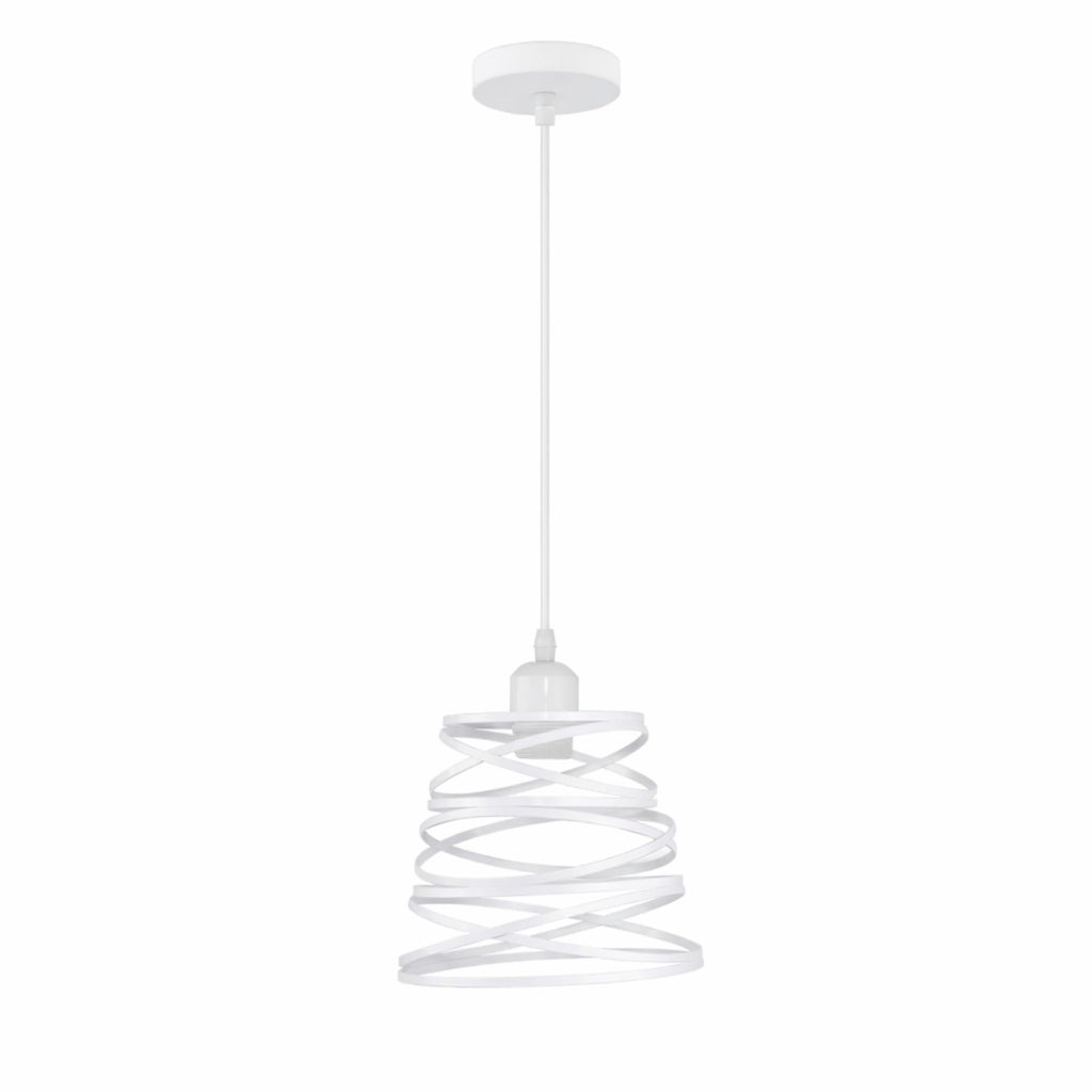 Taklampa vit industriell pendellampa i metall med spiralformad lampskärm för kök och matbord.