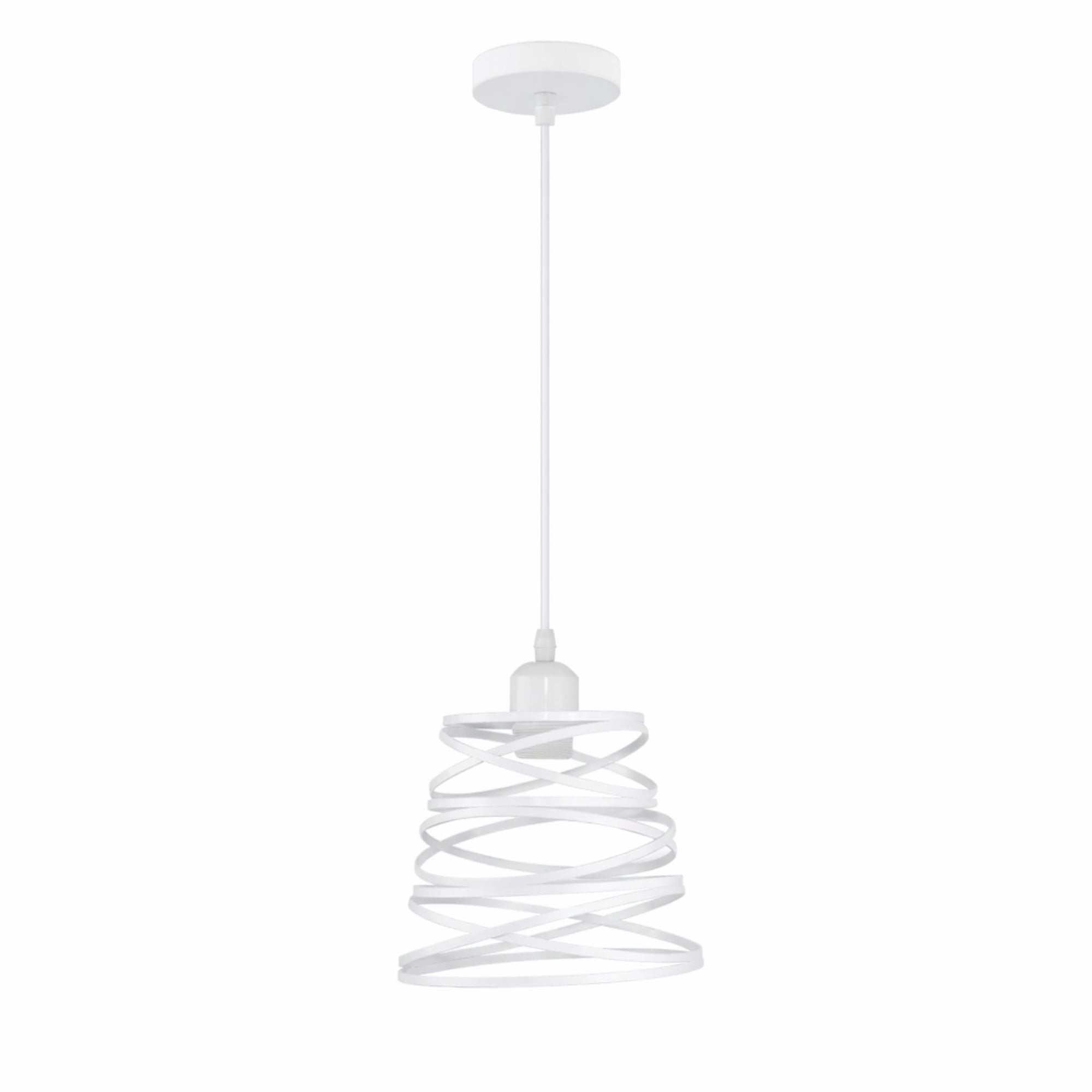 Taklampa vit industriell pendellampa i metall med spiralformad lampskärm för kök och matbord.