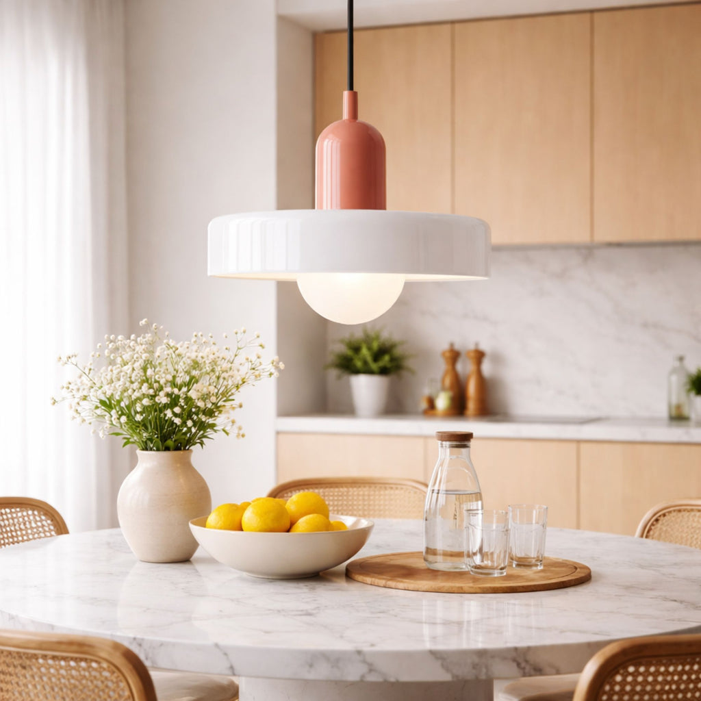 taklampa i vit och rosa modern design hängande över marmorbord i stilrent skandinaviskt kök med mjuk belysning
