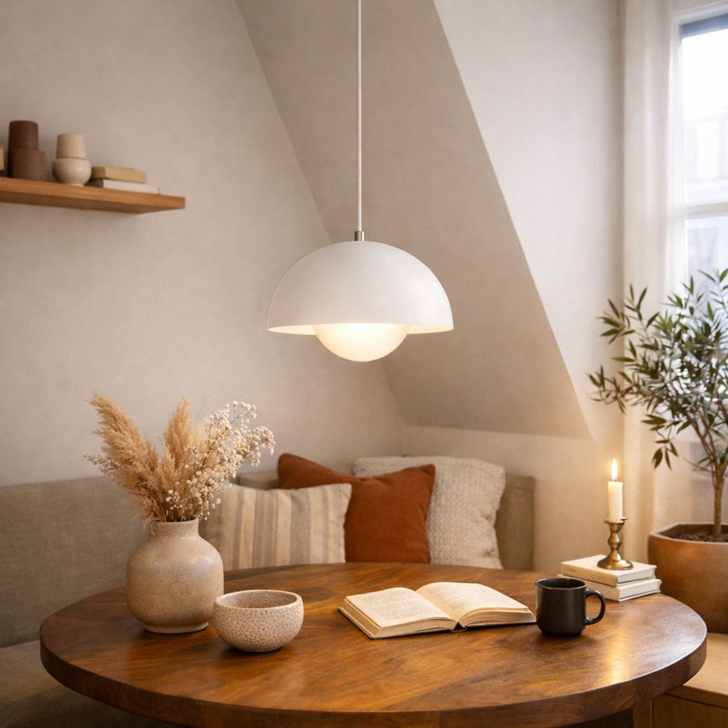 Taklampa vit rund metallpendel i retro skandinavisk design ovanför bord.