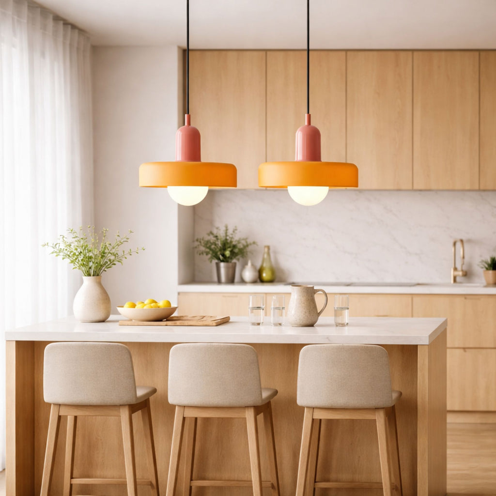 två taklampor i orange och rosa design hängande över köksö i modernt skandinaviskt kök med stilren och varm belysning