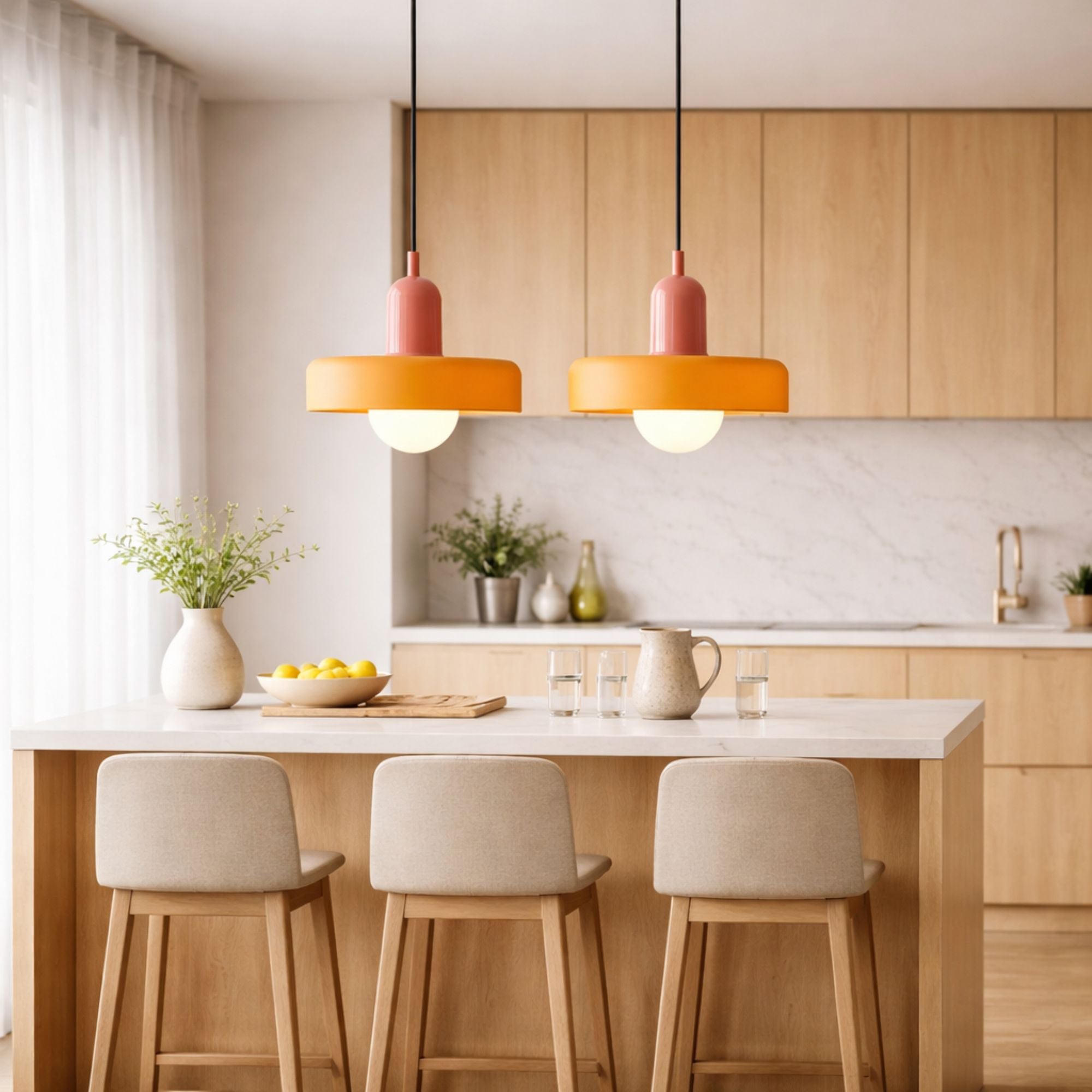 två taklampor i orange och rosa design hängande över köksö i modernt skandinaviskt kök med stilren och varm belysning