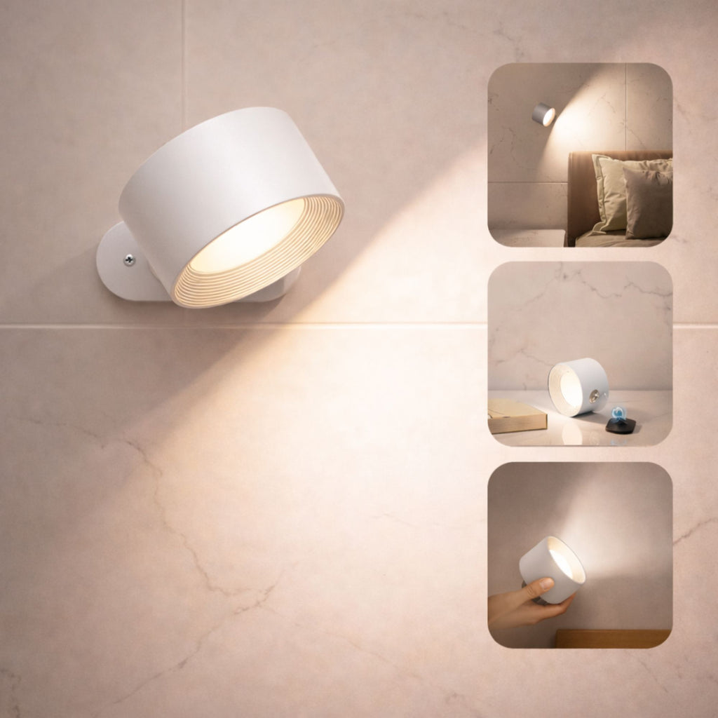 Modern vit vägglampa som är trådlös, portabel och ger varm LED-belysning i hemmet.