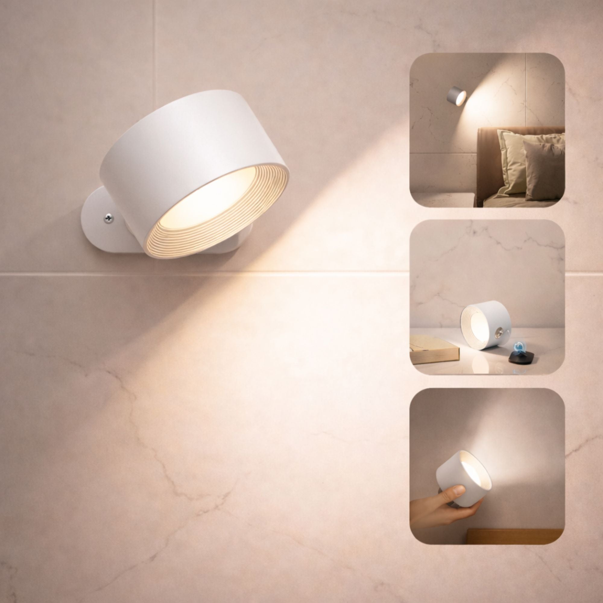 Modern vit vägglampa som är trådlös, portabel och ger varm LED-belysning i hemmet.