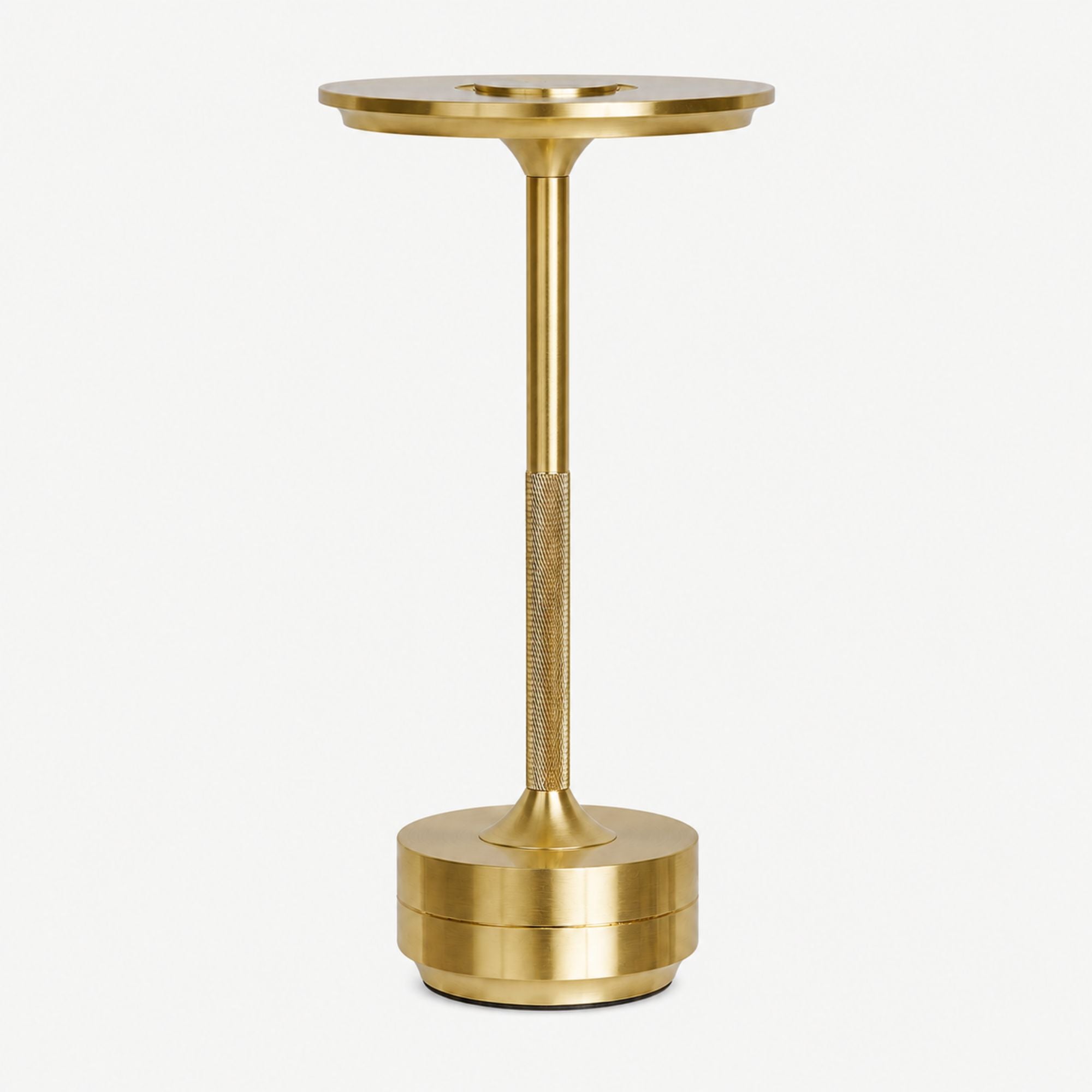 Uppladdningsbar LED-bordslampa i borstad guldfinish med dimbar touchfunktion.