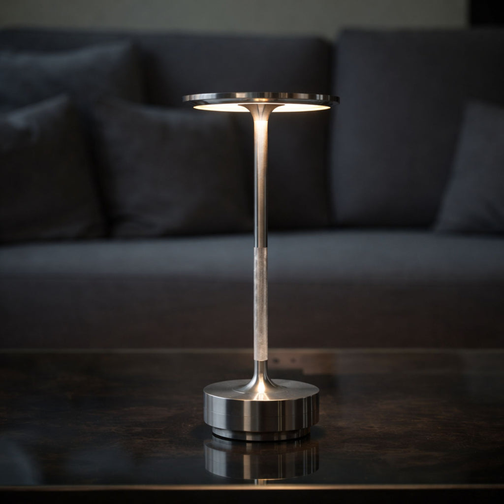 Uppladdningsbar LED bordslampa i metall med modern minimalistisk design och varm belysning på bord i vardagsrum