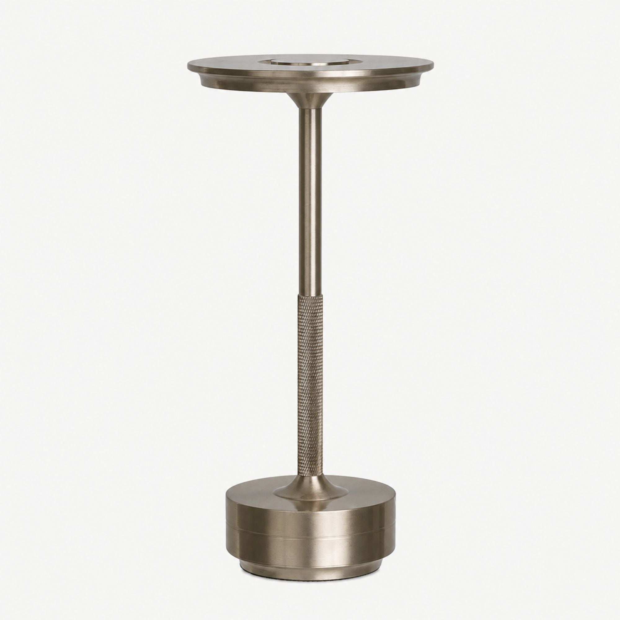 Portabel LED-bordslampa i borstad silverfinish med dimbar touchfunktion.