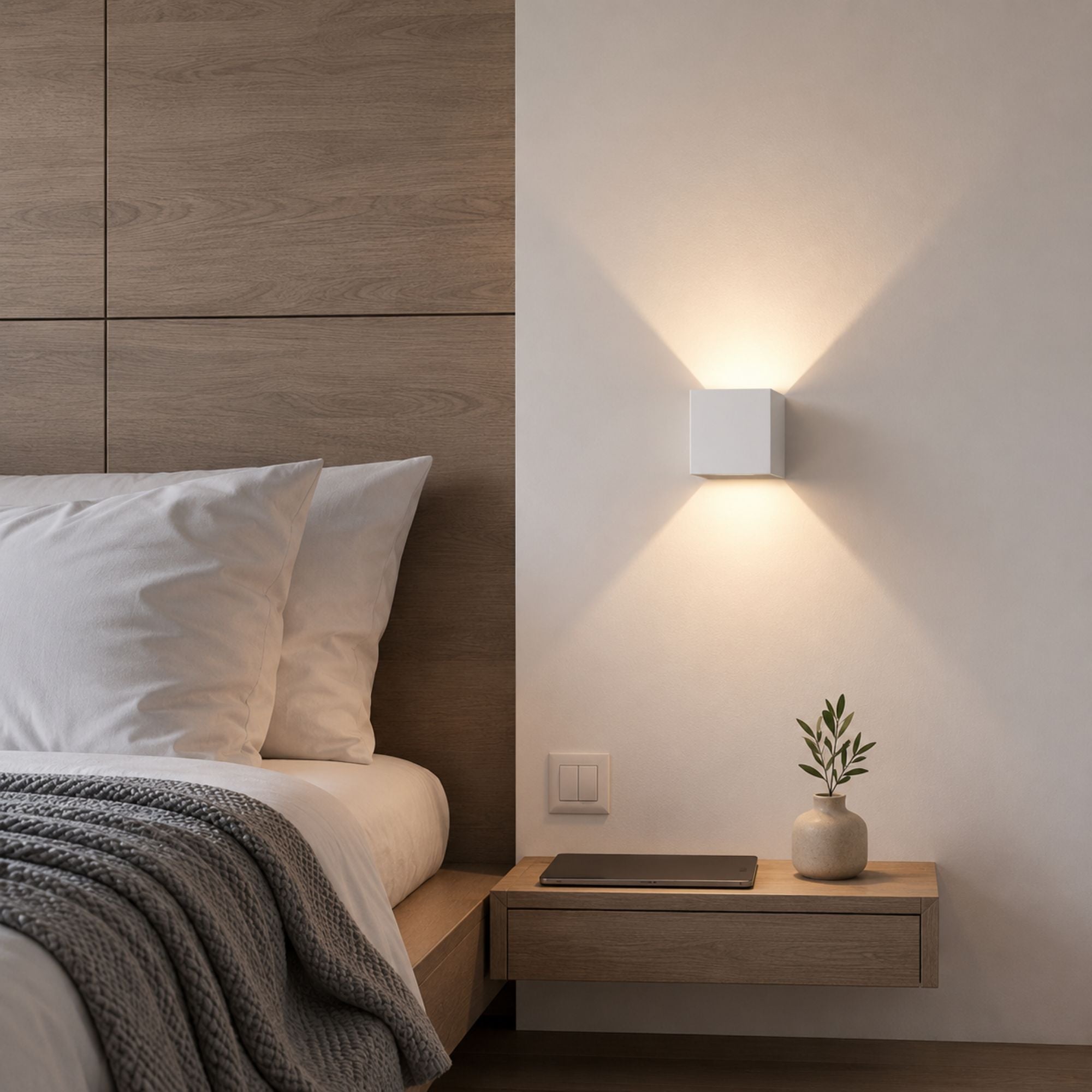 Vit vägglampa Aura med LED-belysning som stämningsbelysning i modernt sovrum.