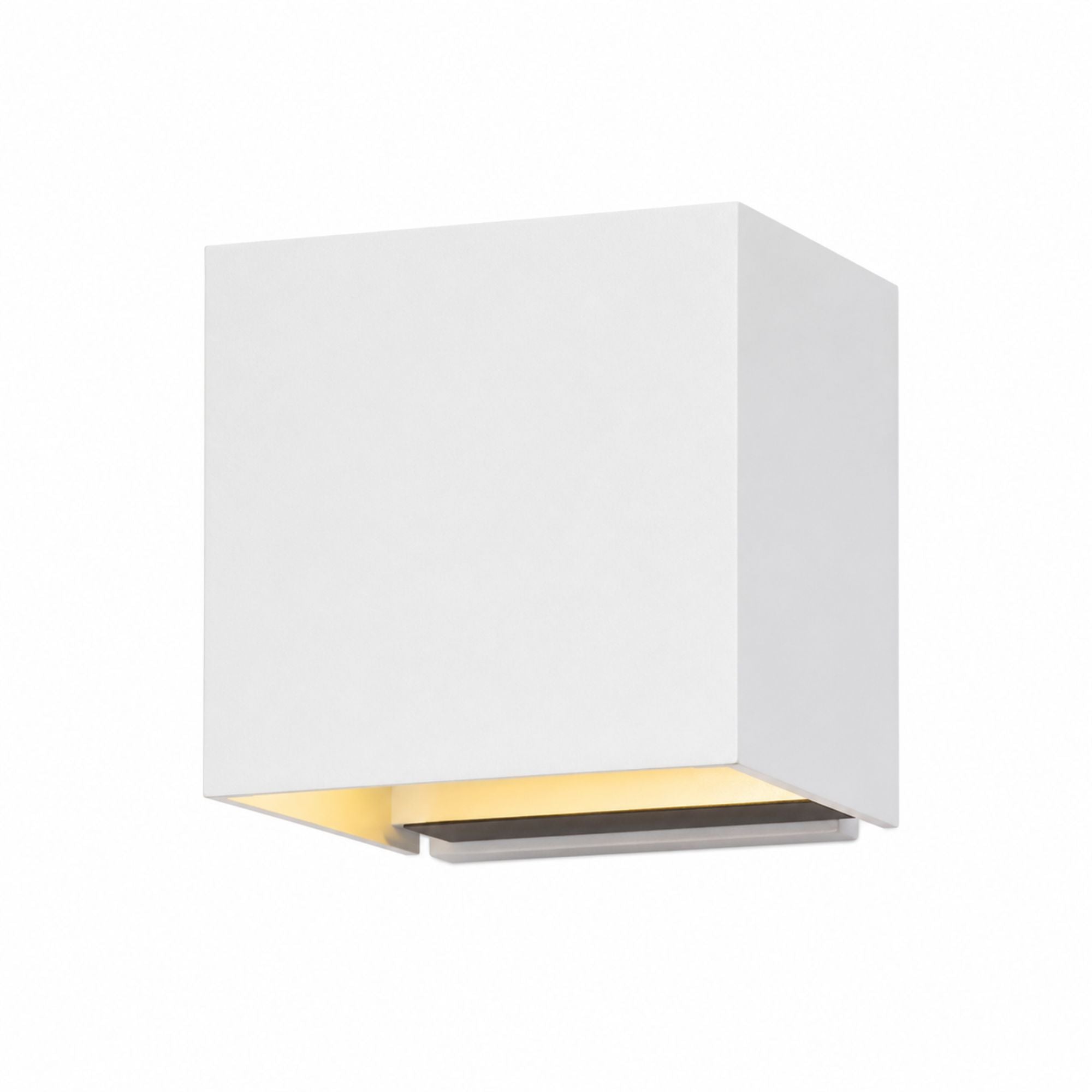 Vägglampa Aura i vit aluminium med LED-belysning och rörelsesensor på vit bakgrund.