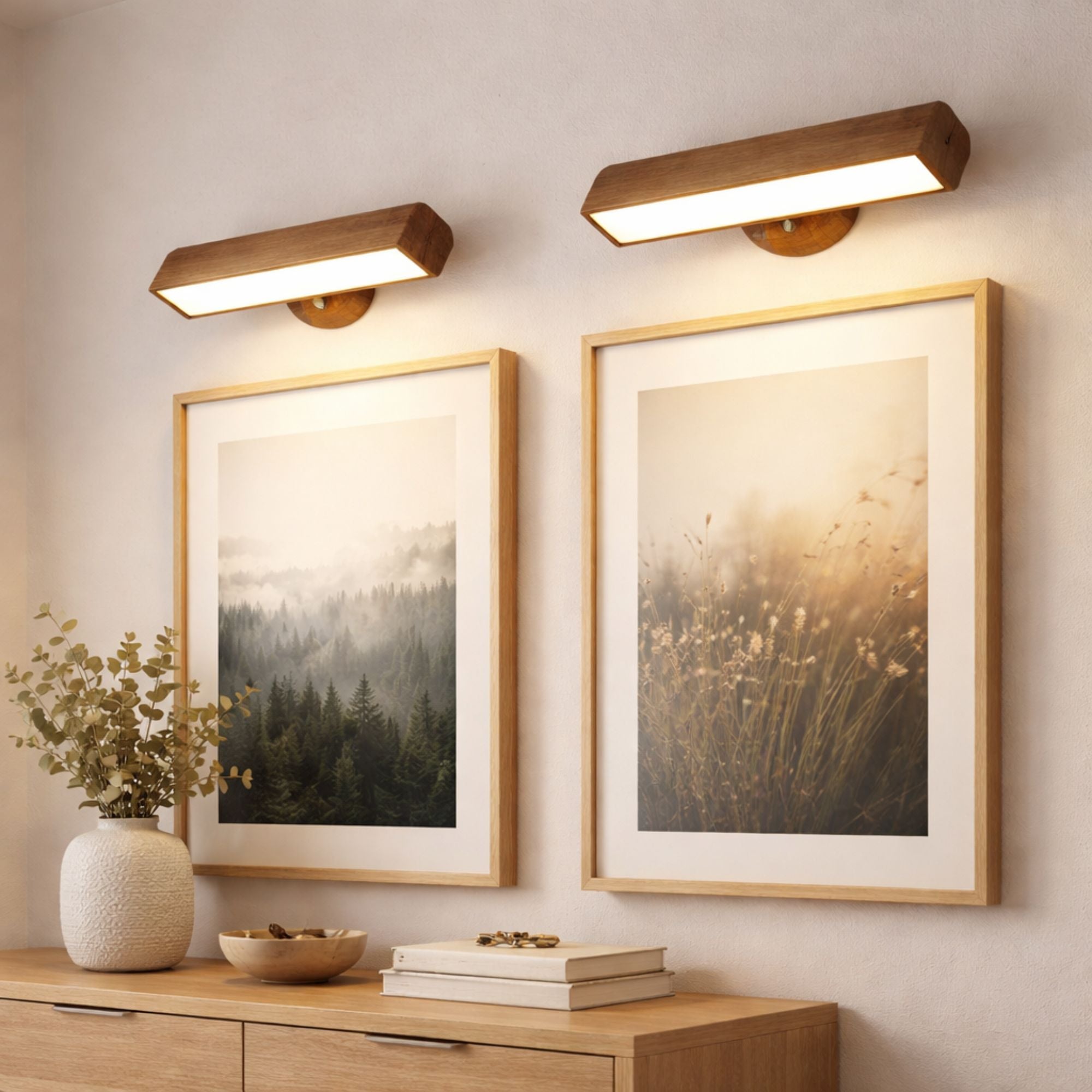 vägglampa i trä som tavelbelysning ovanför två tavlor i modern skandinavisk hall med varmt LED-ljus