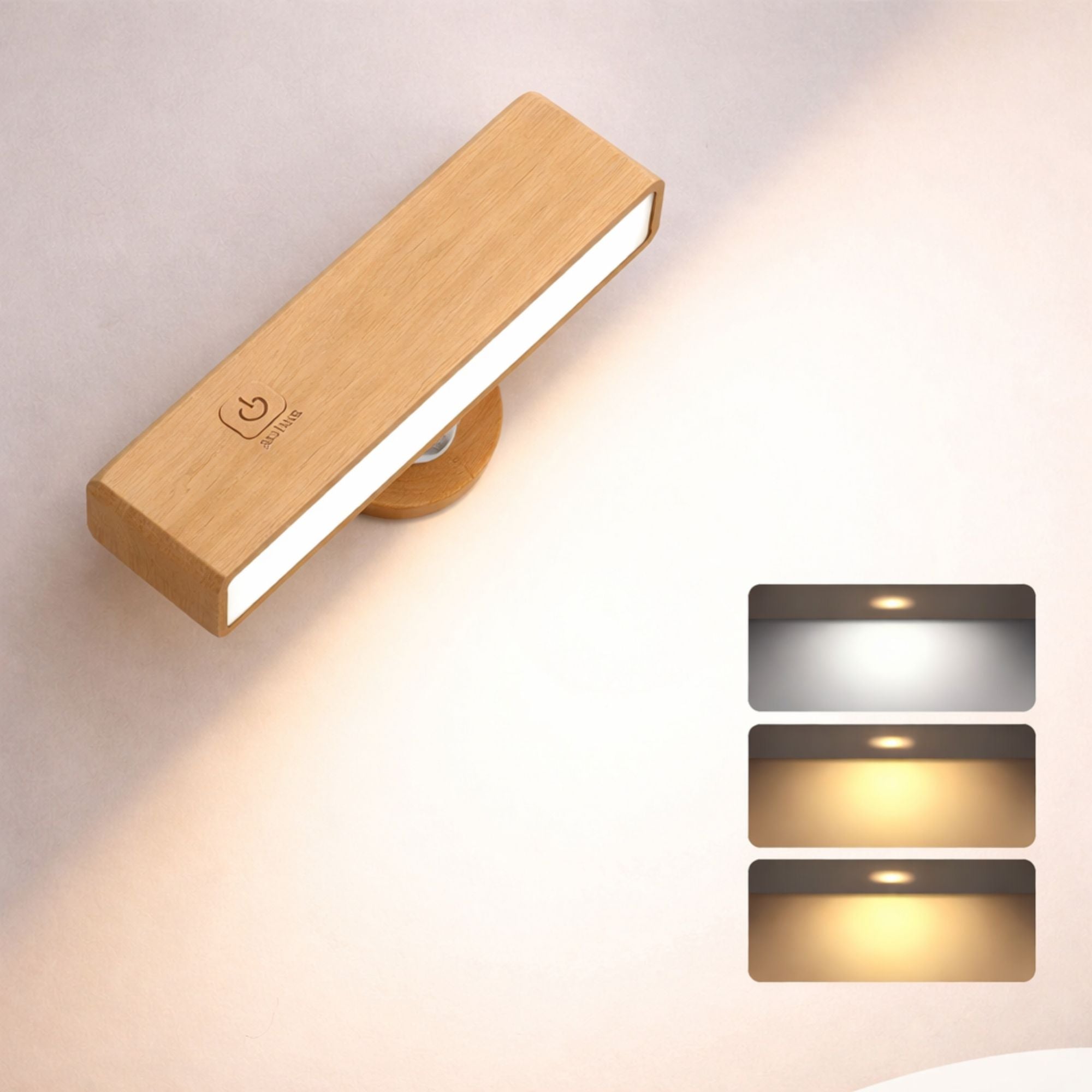 vägglampa i ljust trä med dimbar LED och flera färgtemperaturer som visar olika ljuslägen på vägg