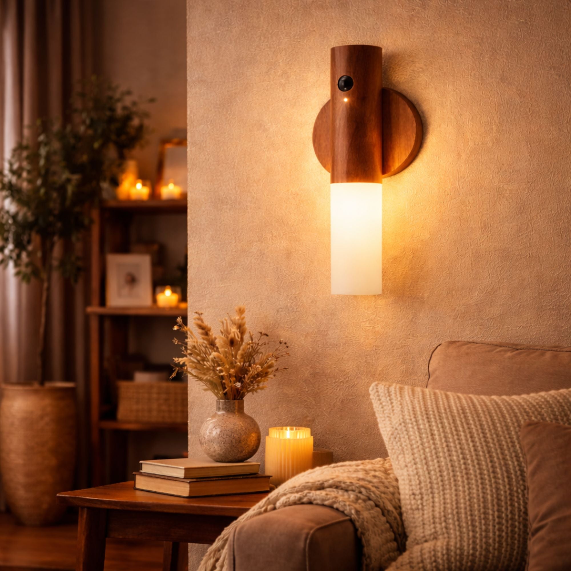 LED vägglampa i trä med varm mysbelysning monterad på vägg i mysigt vardagsrum