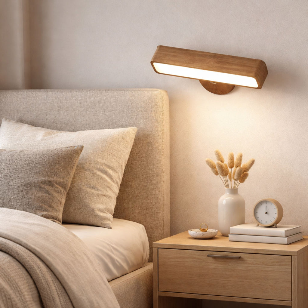 vägglampa i trä med varm LED-belysning monterad ovanför säng i modernt skandinaviskt sovrum