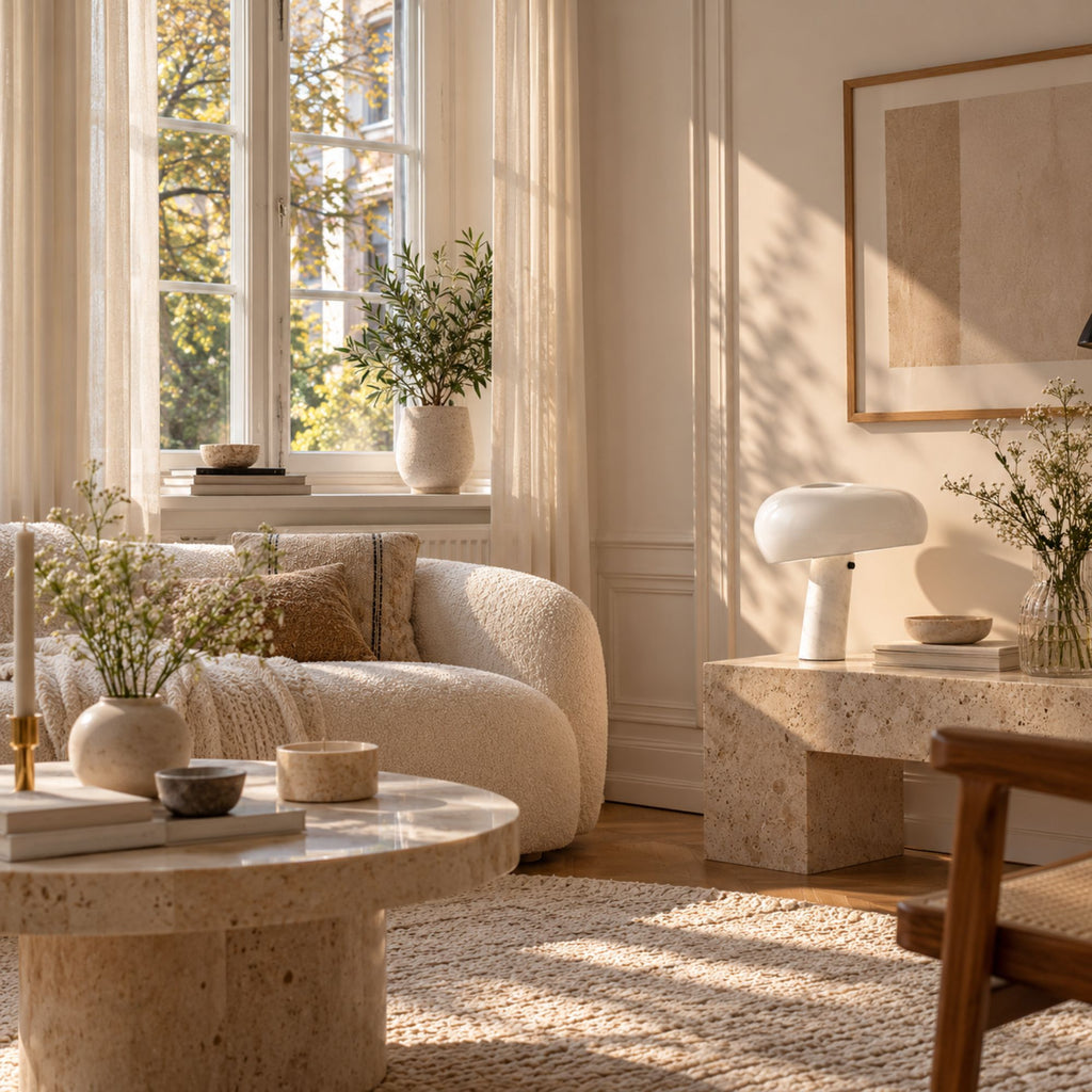 Vit designbordslampa med marmorfot i ett ljust vardagsrum med neutrala toner och naturmaterial.