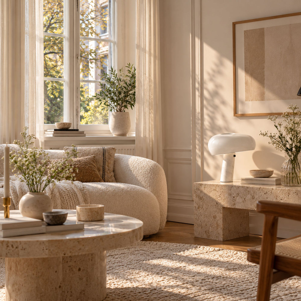 Vit designbordslampa med marmorfot i ett ljust vardagsrum med neutrala toner och naturmaterial.
